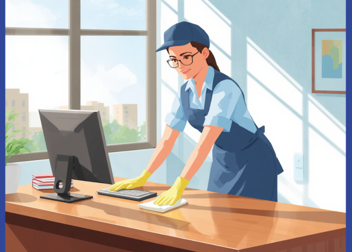 Office Cleaning Specialists Newcastle, AI image of cleaner cleaning a desk